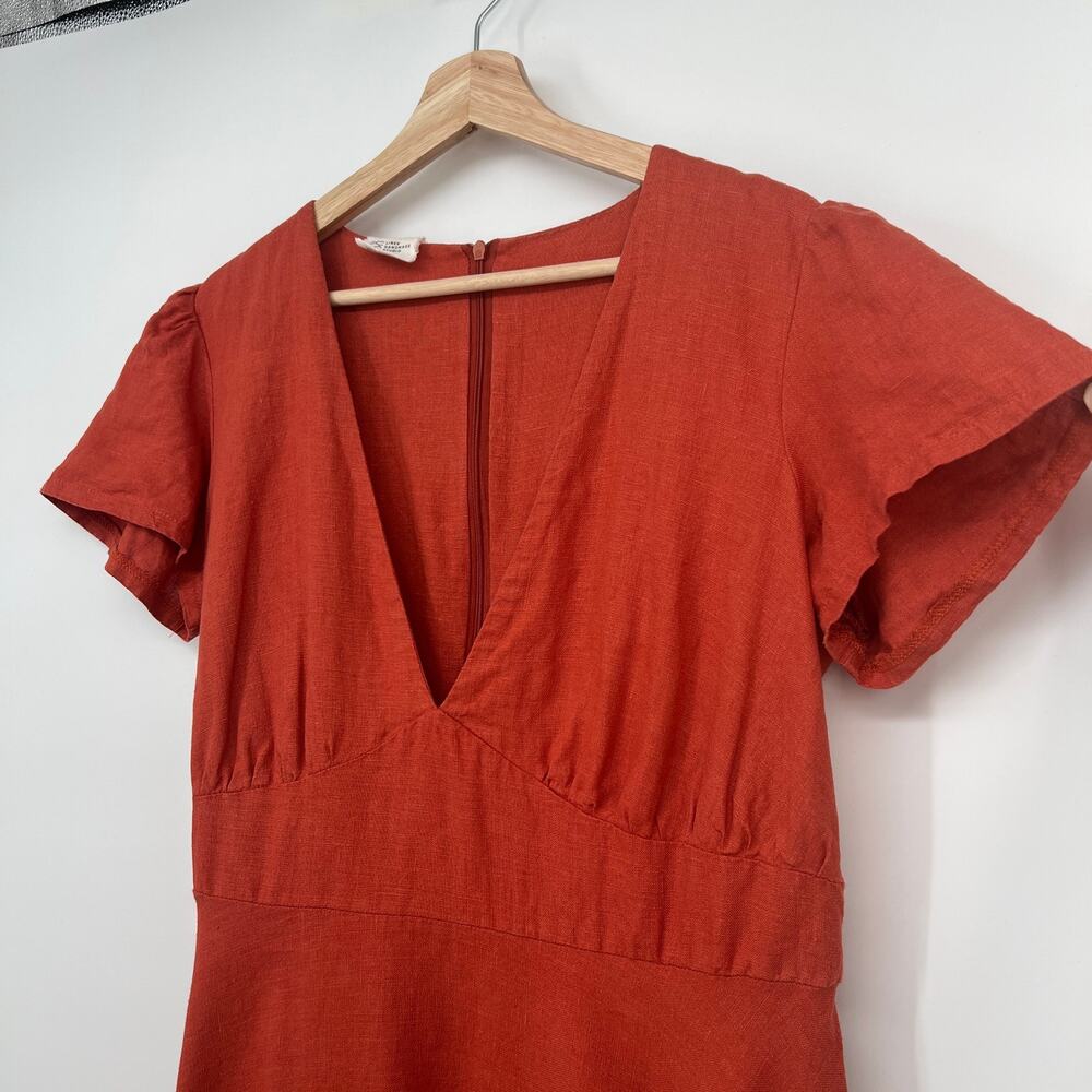 Linen Handmade Studio A Line Sicily Dress Womens 16 Red Clay V Neck Midi READ - Picture 4 of 11